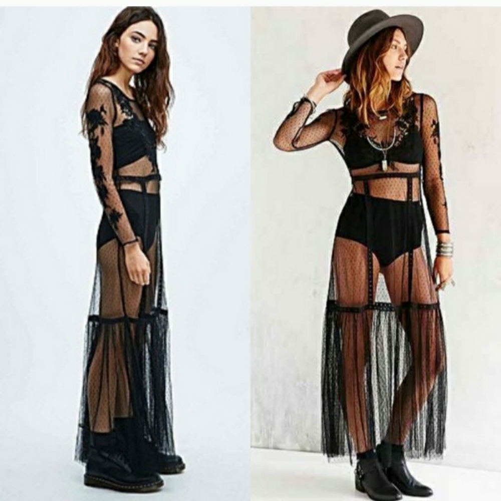Ecote Black Sheer Lace Mesh Lilly Maxi Dress